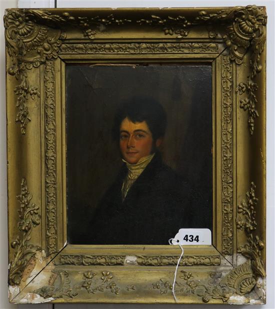 English School, circa 1830, oil on board, Portrait of Henry Boulton Pennell, second son of Captain Pennell 16 x 20.5cm